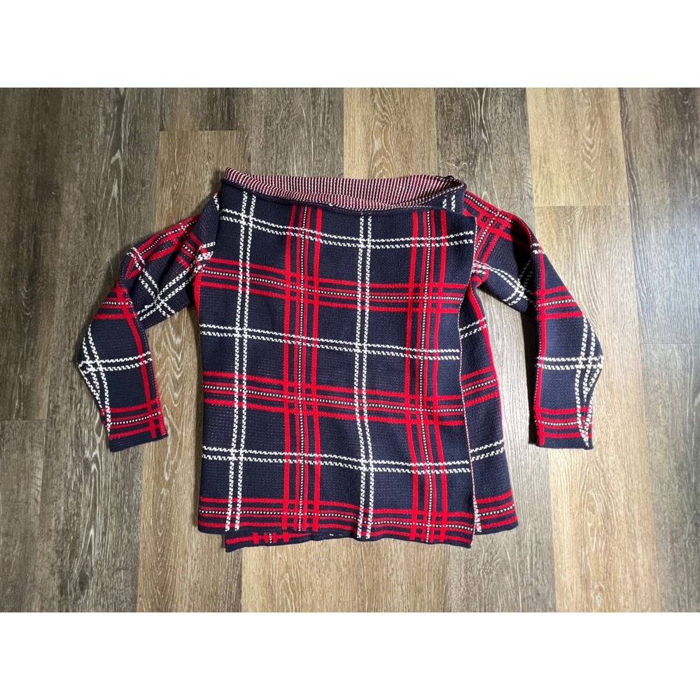 Weekend Max‎ Mara Cardigan Women Small Navy Red Plaid Open Front Knit Sweater